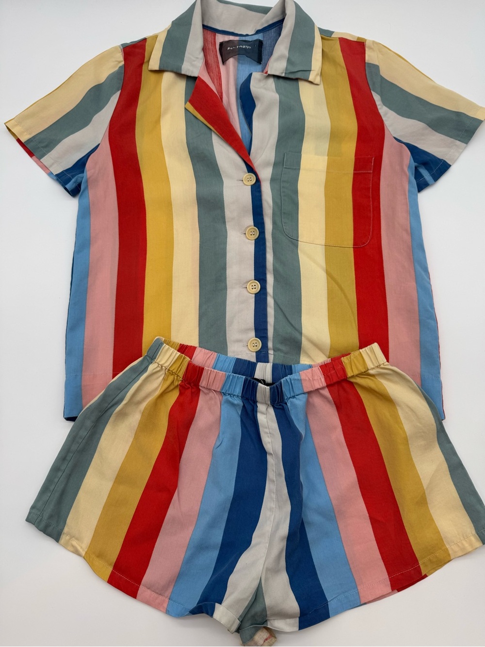 Reformation XS Striped Button-Up Lounge Set in Red, Yellow, Blue, Pink, Green